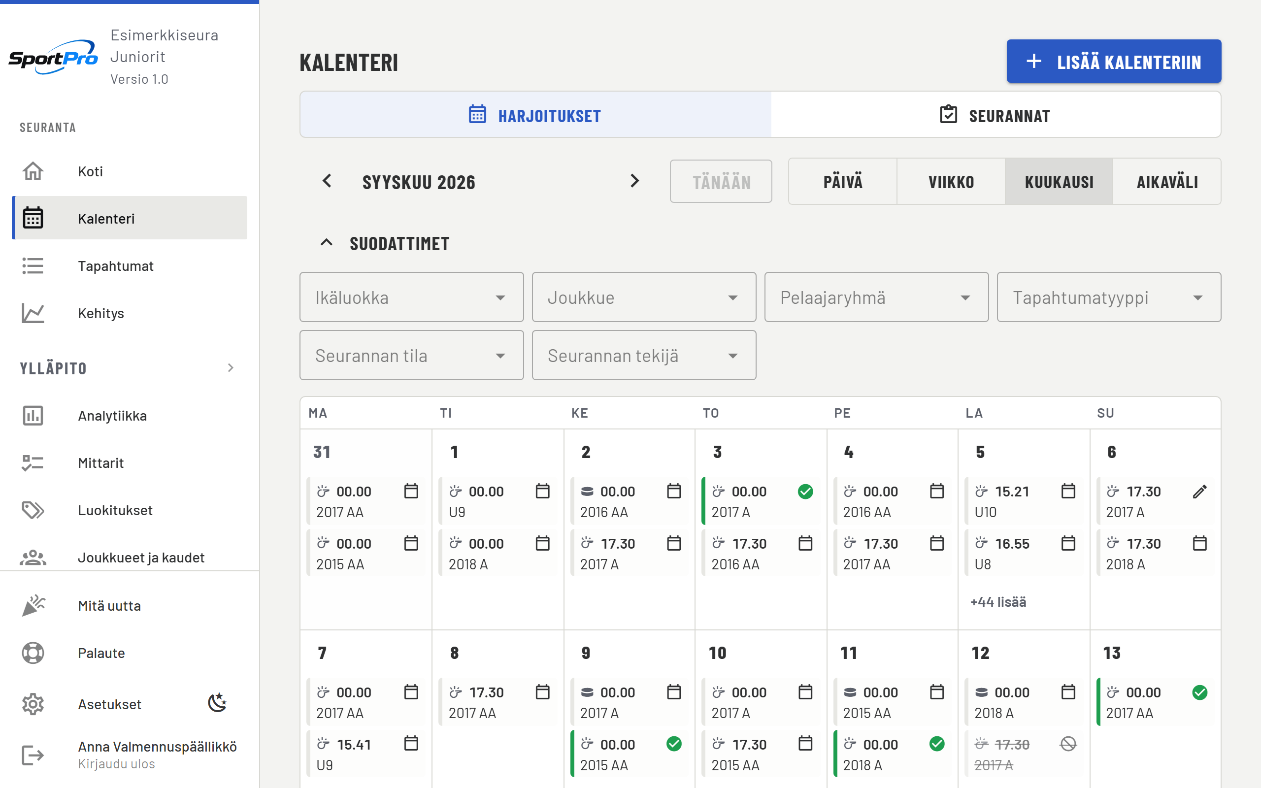 Föreningens kalender i månadsvy.